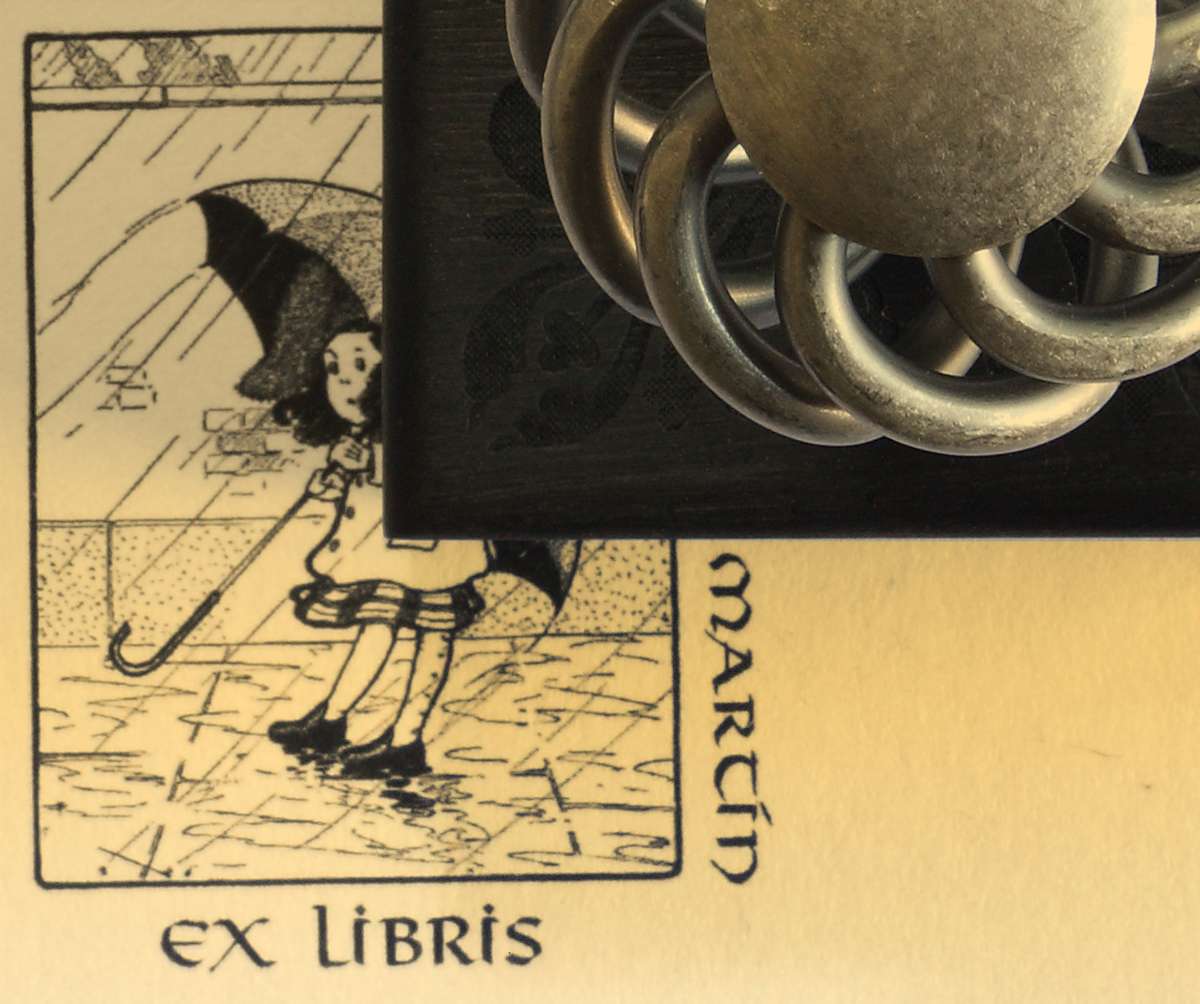 Sello ex libris personalizado con ilustración de niña bajo la lluvia, nombre Martín y mango metálico decorativo